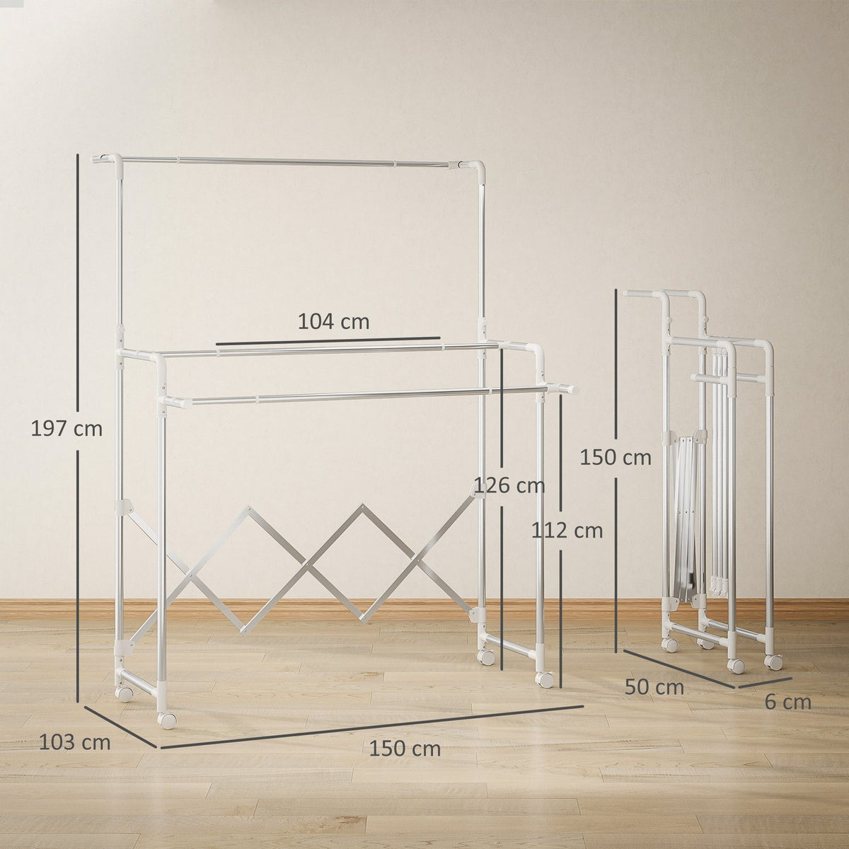 Foldable Clothes Drying Rack, 3 Adjustable Bars, Stainless Steel