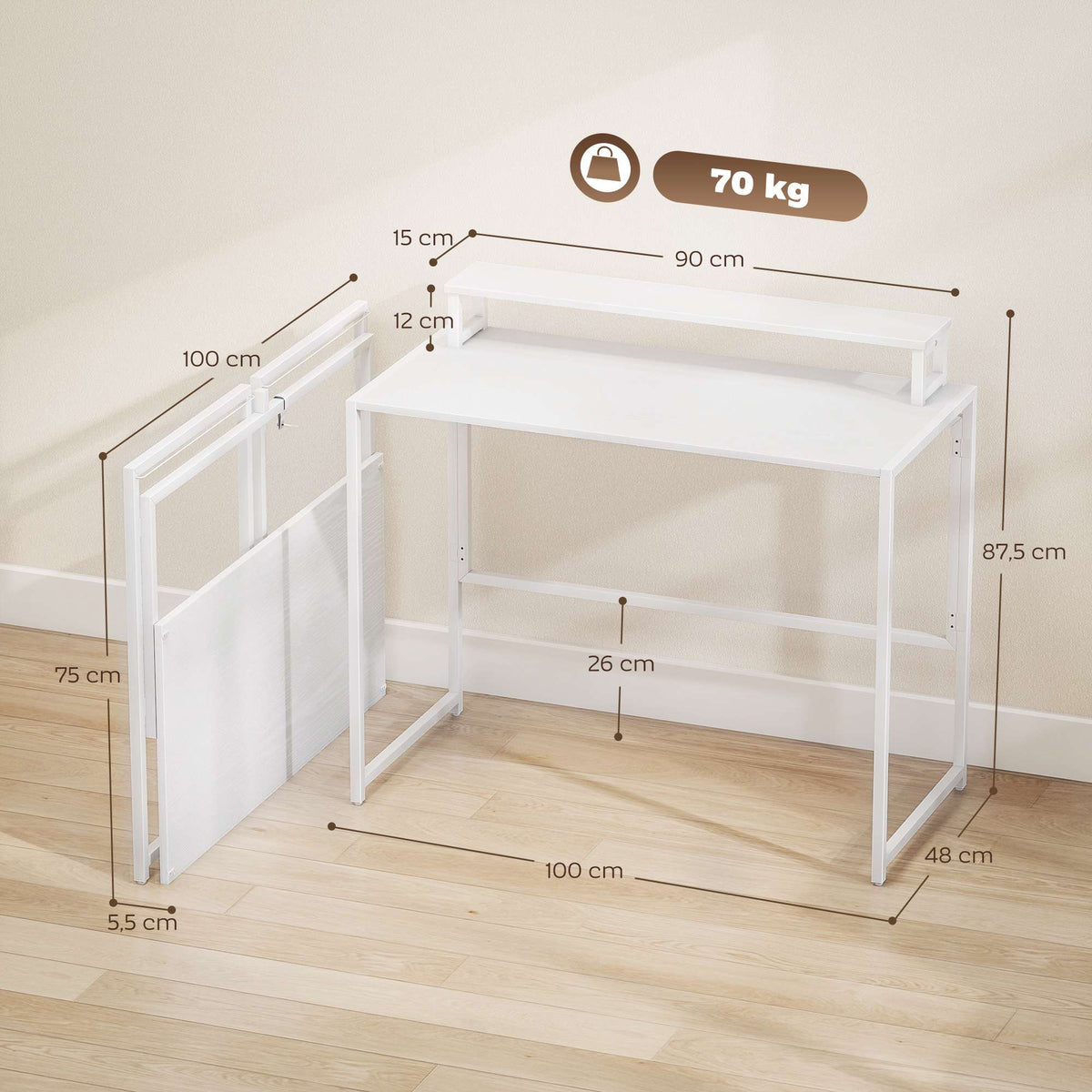 Foldable Computer Desk with Monitor Stand, 100 x 48 cm
