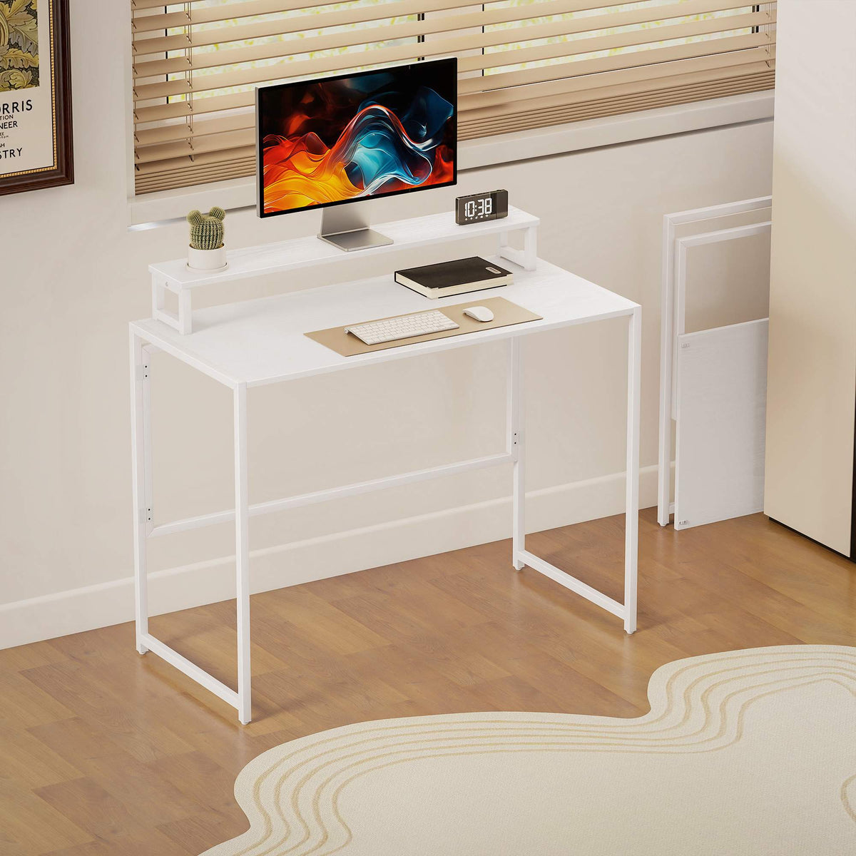 Foldable Computer Desk with Monitor Stand, 100 x 48 cm
