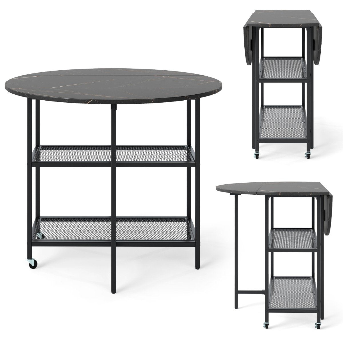 Foldable Dining Table, Marble Look, Seats 2-4, Black