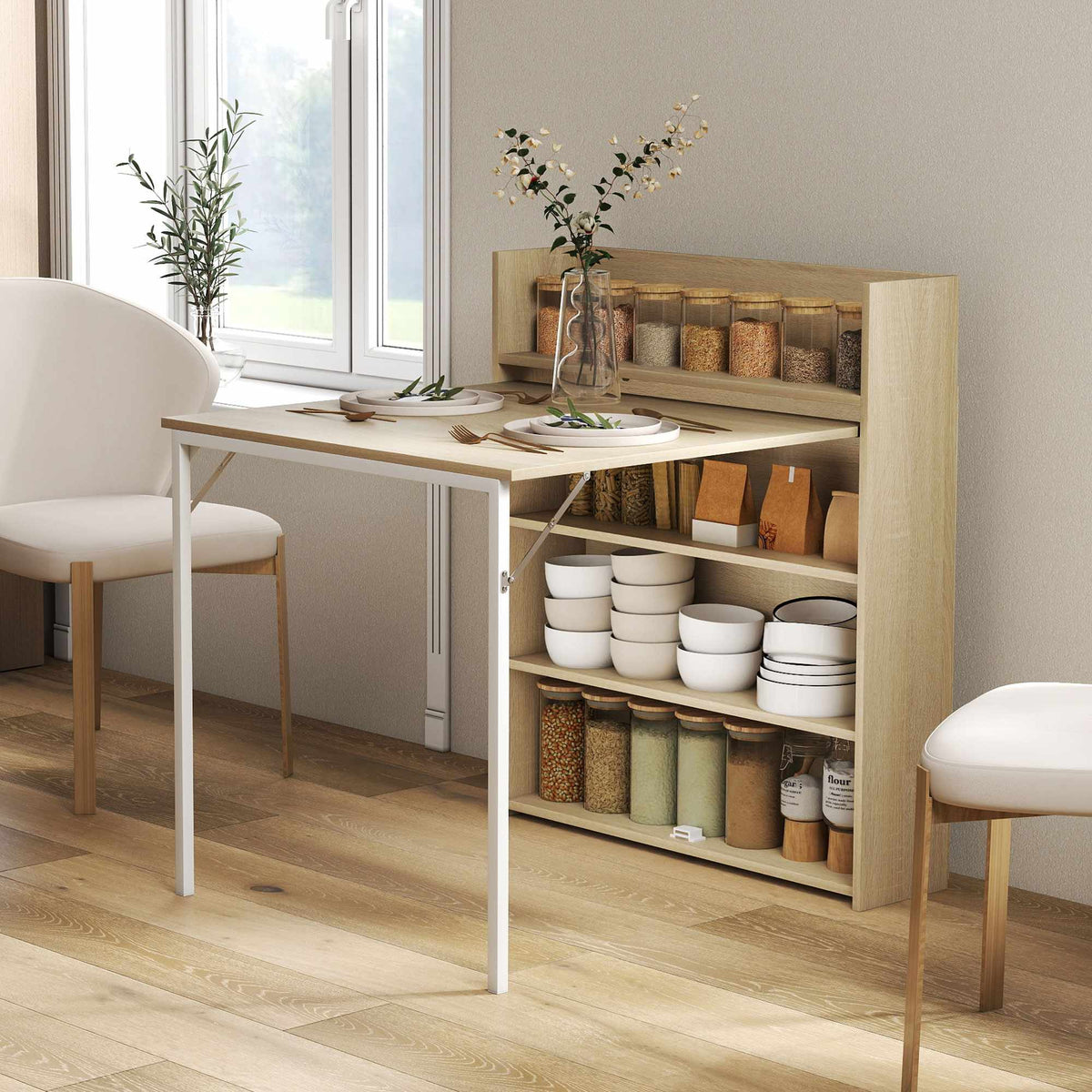 Foldable Dining Table with Shelf, Industrial Design, Oak, Space-Saving