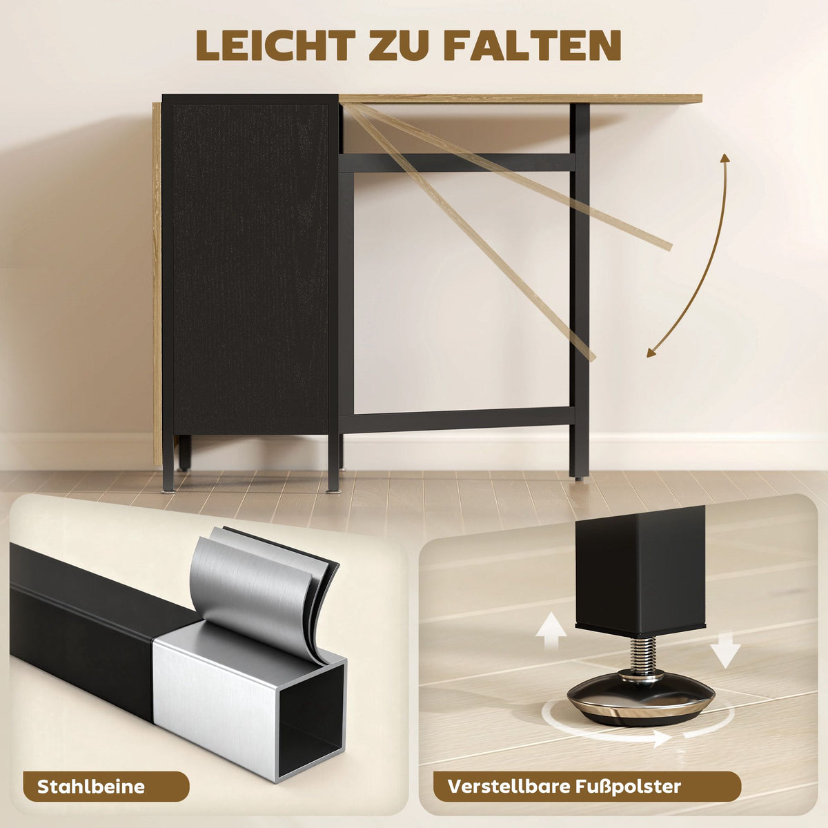 Foldable Dining Table with Shelves, Dark Wood & Black