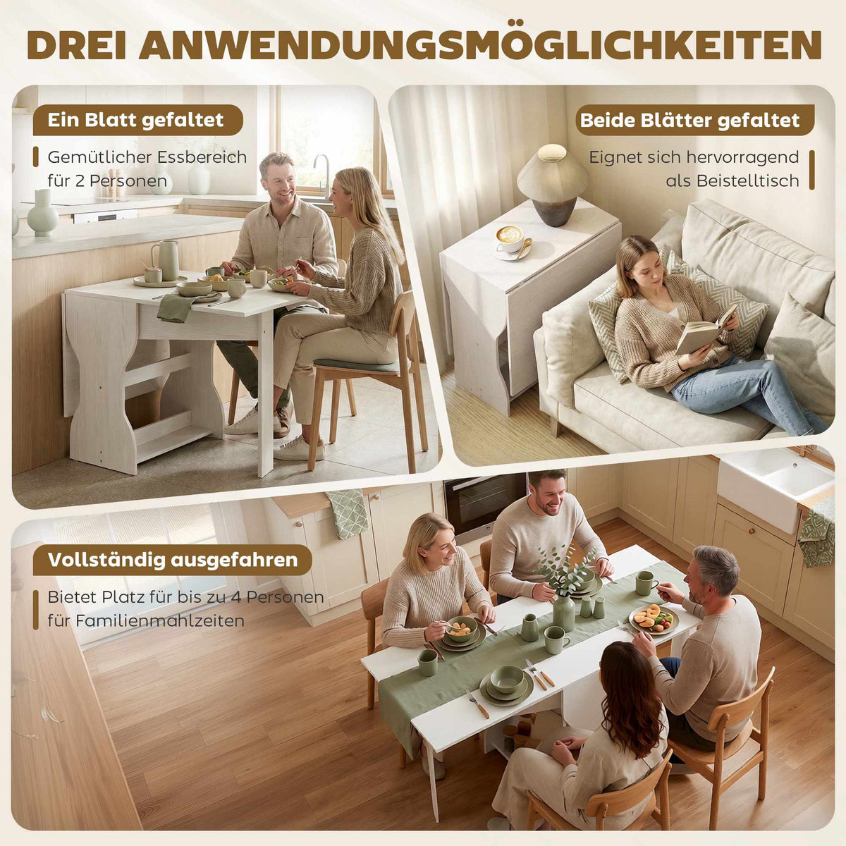 Foldable Dining Table with Storage, Seats 2-4, White, 160x60x75 cm