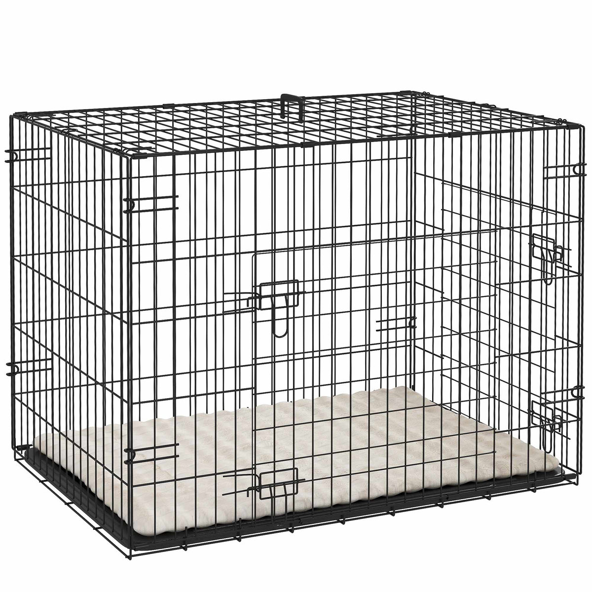 Foldable Dog Crate with 2 Doors, Tray, Cushion, Black