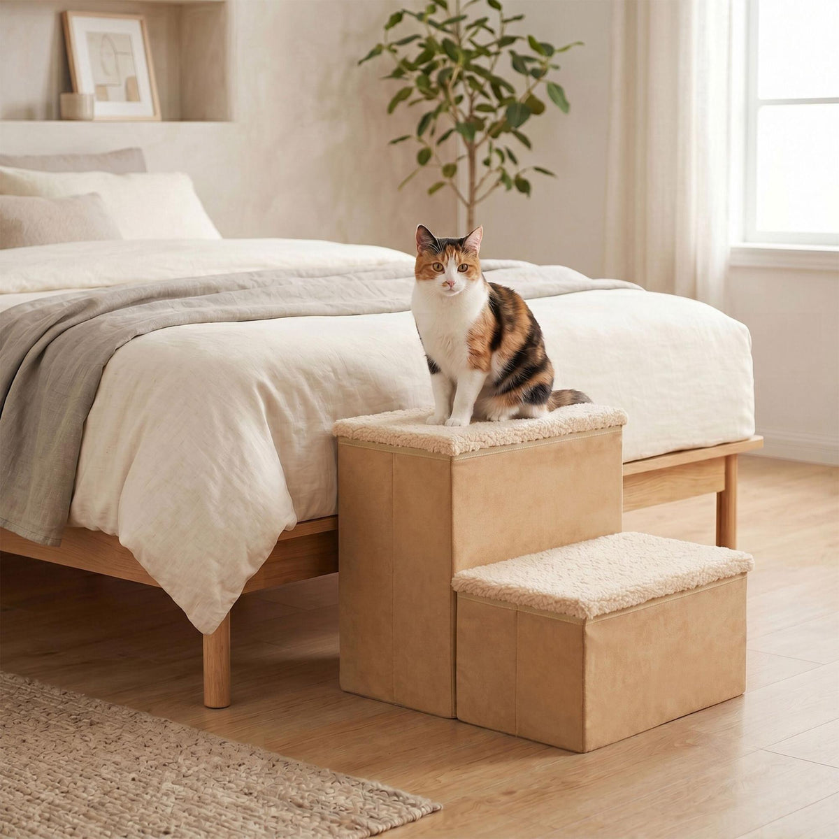 Foldable Dog Steps with Storage – Beige, Size S