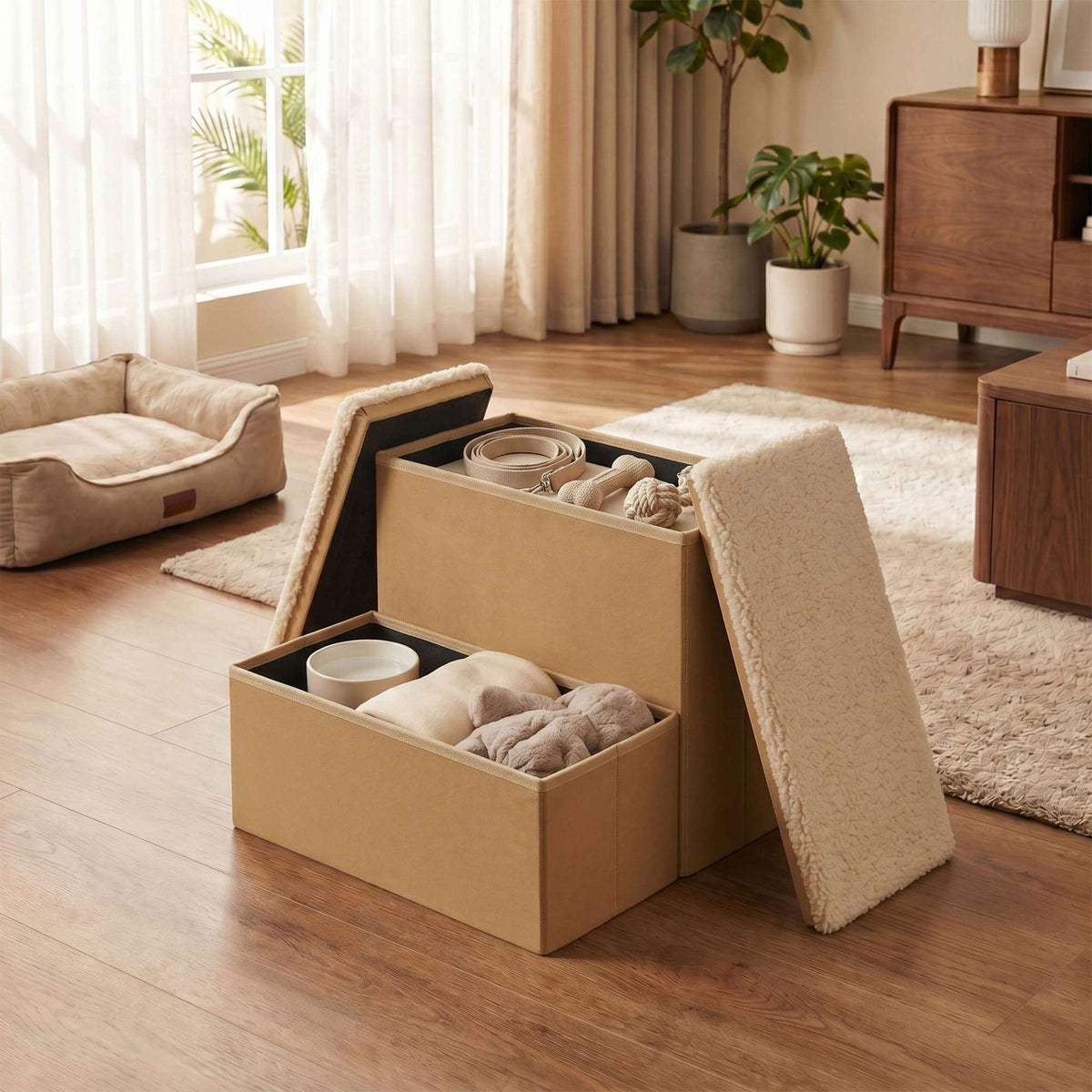 Foldable Dog Steps with Storage – Beige, Size S