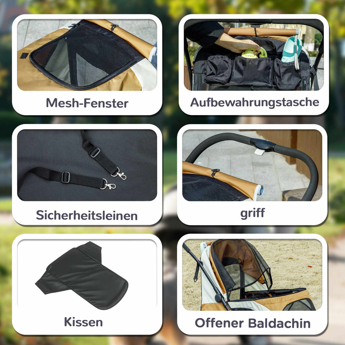 Foldable Dog Stroller for Large Dogs, 4 Wheels, Safety Leash, Brown