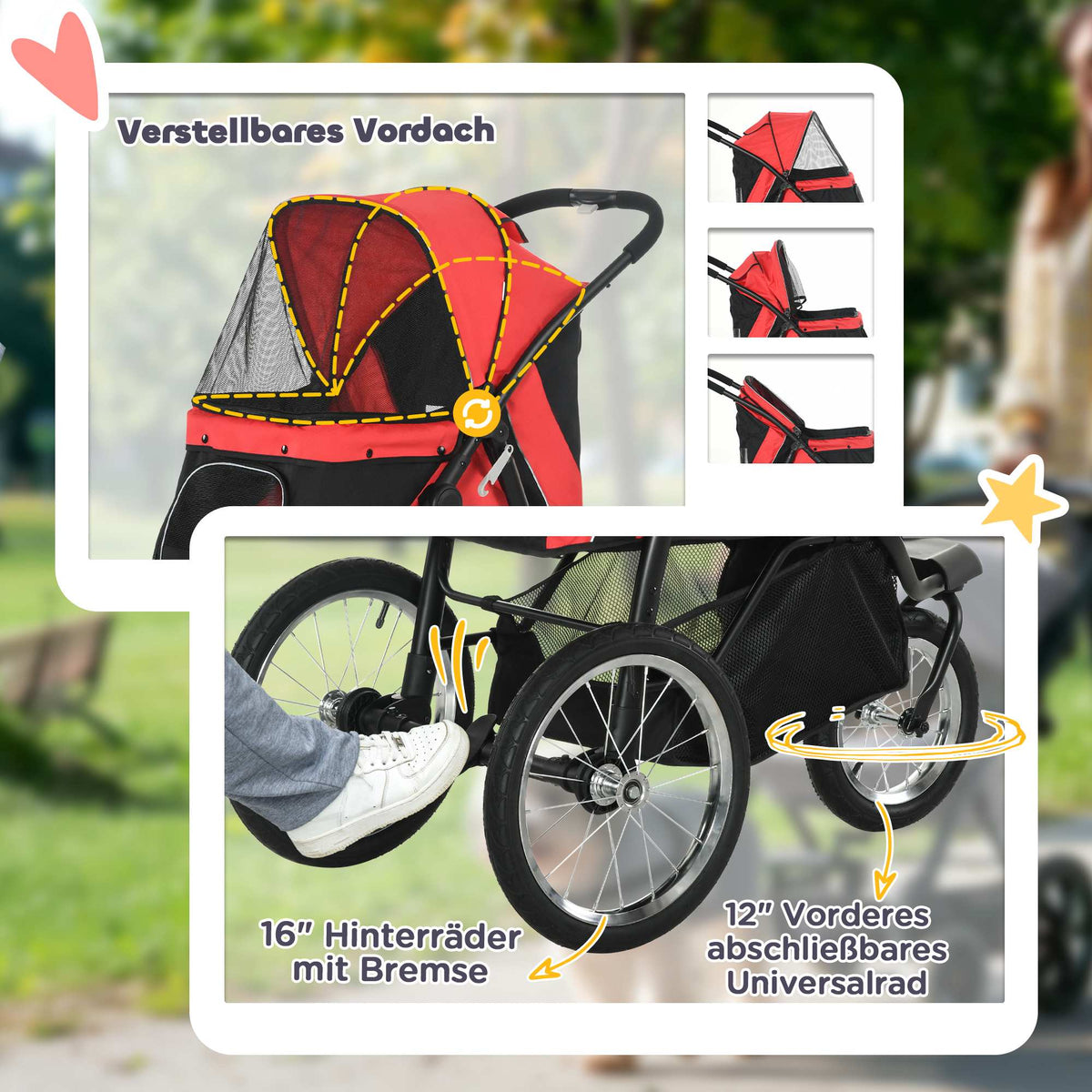 Foldable Dog Stroller with Sunshade, Red, 111x58x107 cm