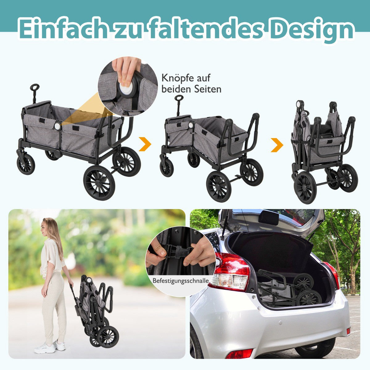 Foldable Double Stroller with Adjustable Handle, Grey