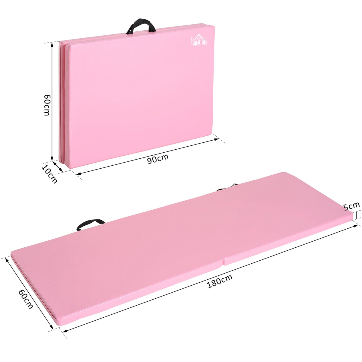 Foldable Fitness Mat with Handles, 180x60x5 cm, Pink