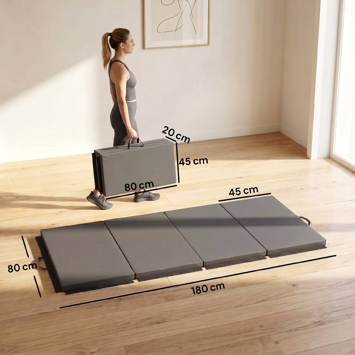 Foldable Gym Mat With Handles, Gray, 180 x 80 x 5 cm