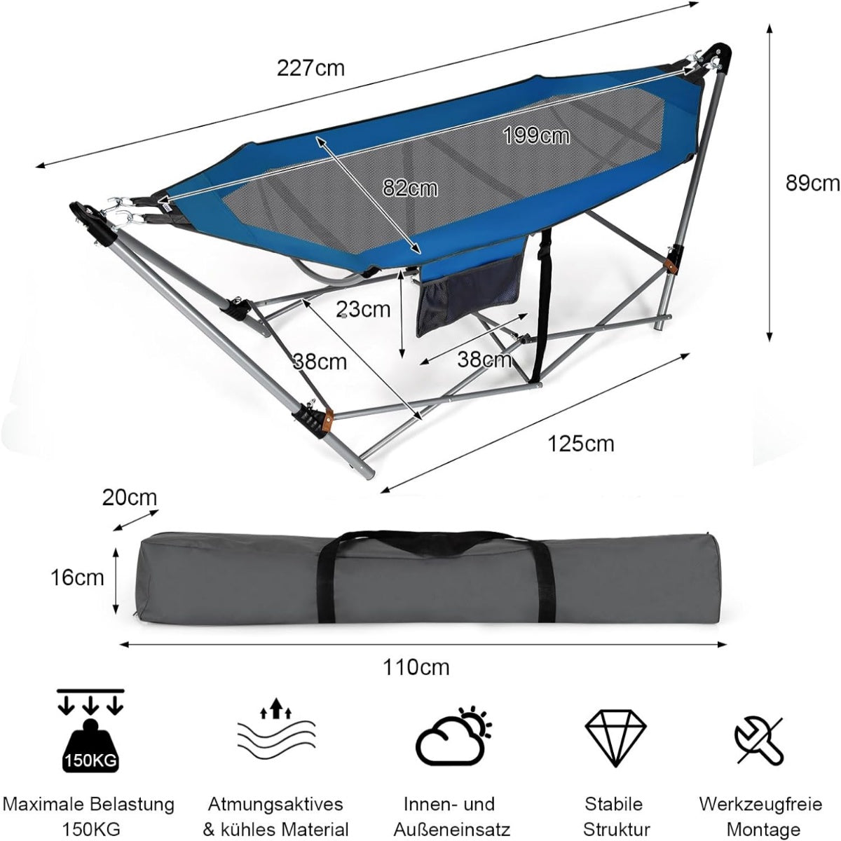 Foldable Hammock with Stand and Side Pocket, 150kg Capacity