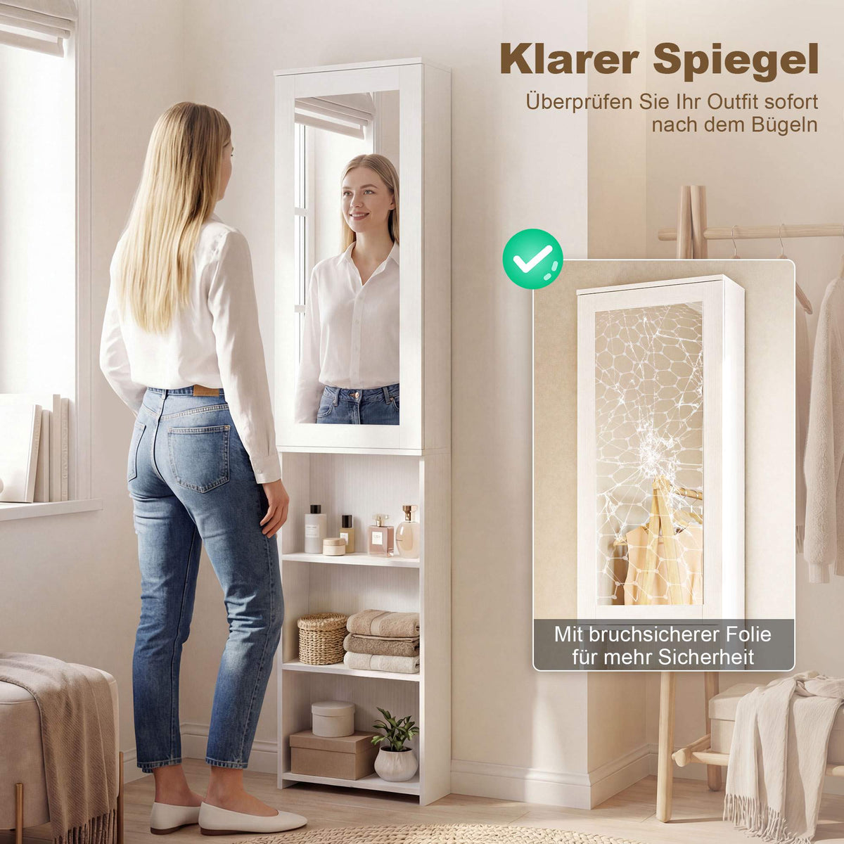 Foldable Ironing Board Cabinet with Mirror and Shelves, White