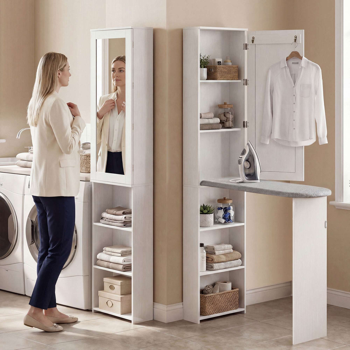 Foldable Ironing Board Cabinet with Mirror and Shelves, White