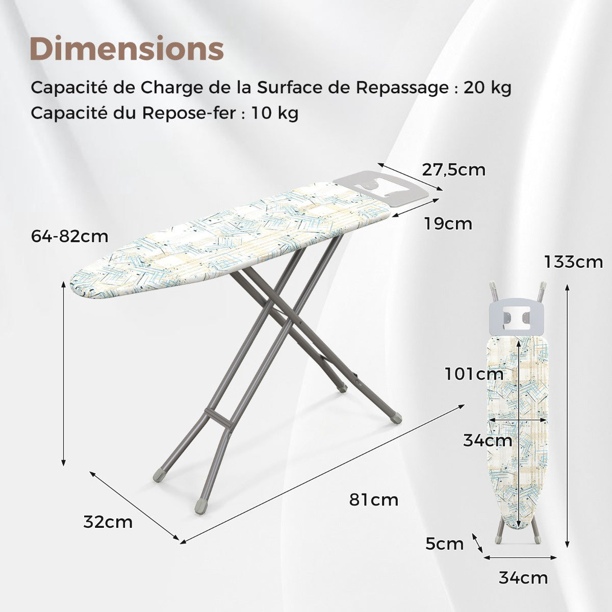 Foldable Ironing Board with Iron Rest, 7 Height Levels