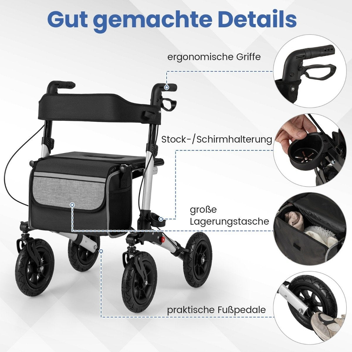 Foldable Lightweight Rollator with Air Tires, Aluminum, 140kg Capacity