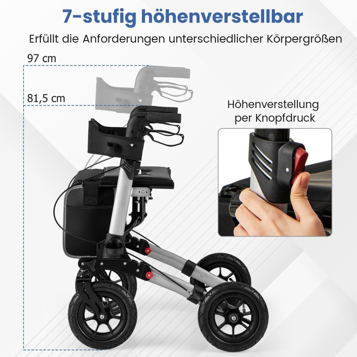 Foldable Lightweight Rollator with Air Tires, Aluminum, 140kg Capacity