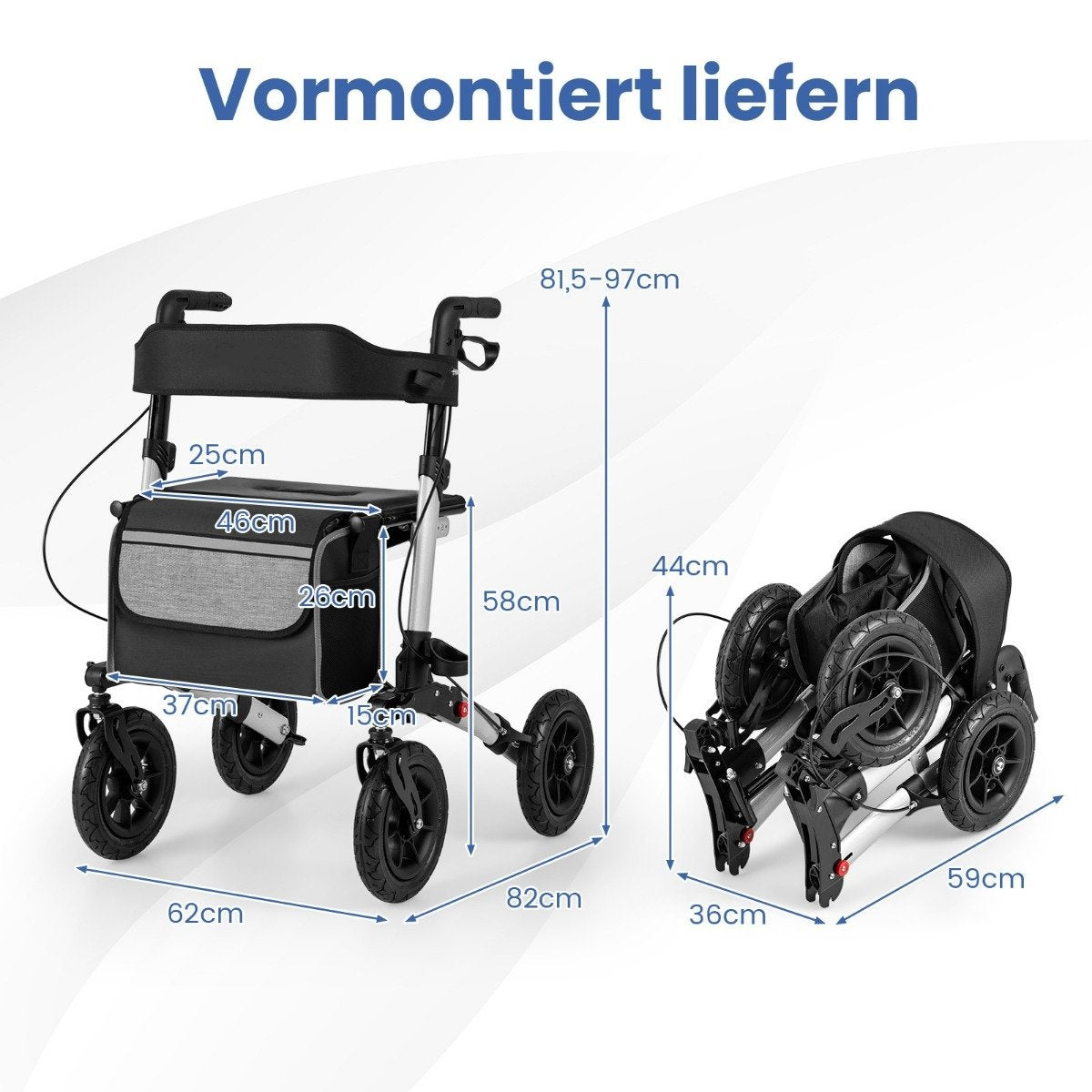 Foldable Lightweight Rollator with Air Tires, Aluminum, 140kg Capacity
