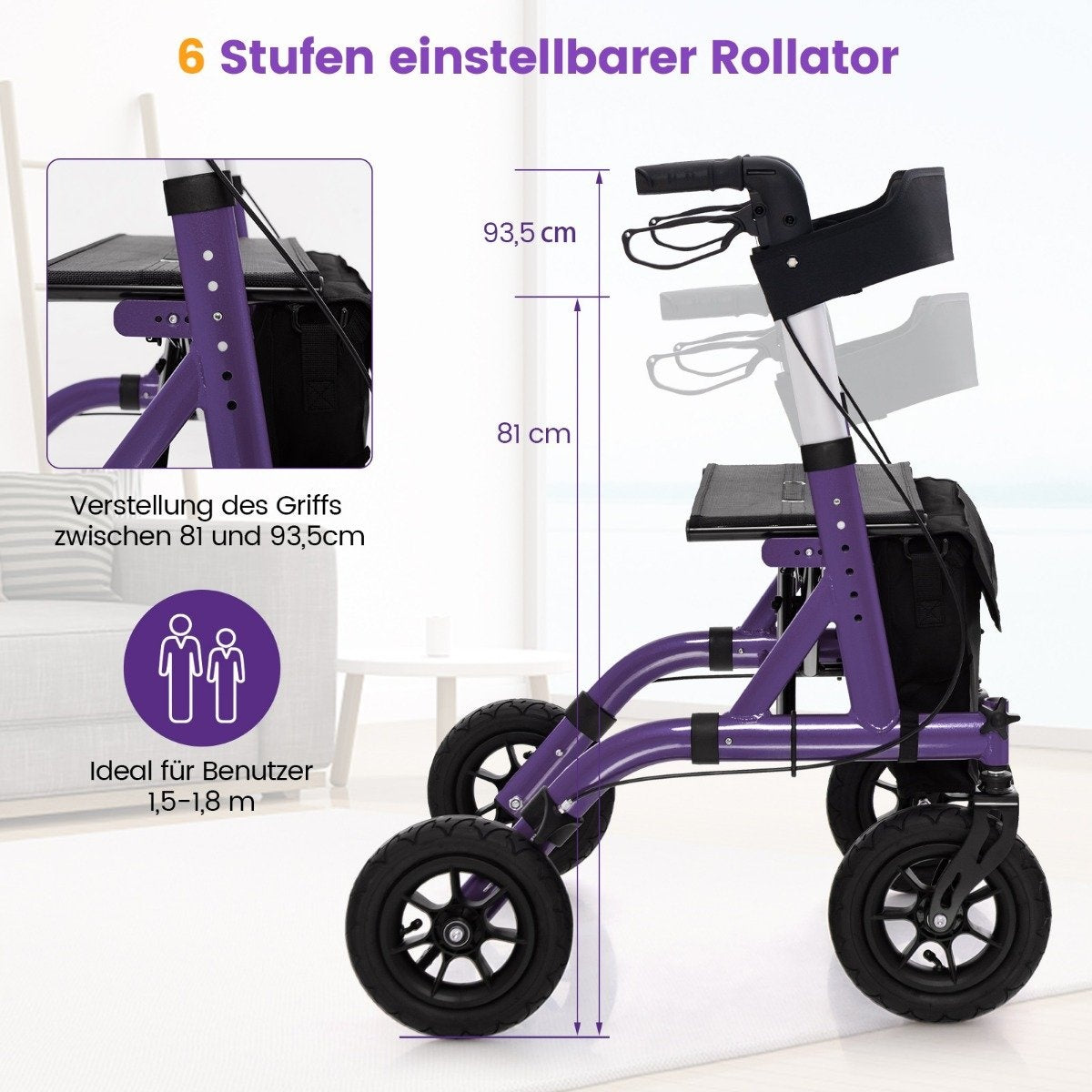 Foldable Lightweight Rollator with Seat, Aluminum, 136 kg Capacity