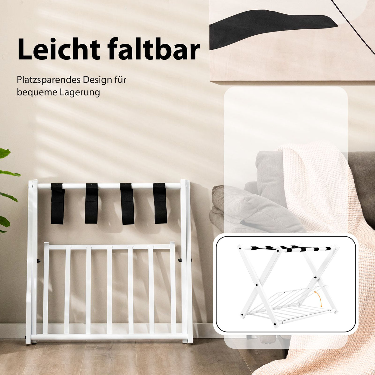 Foldable Luggage Rack, 2-Tier Metal, 60 kg, White