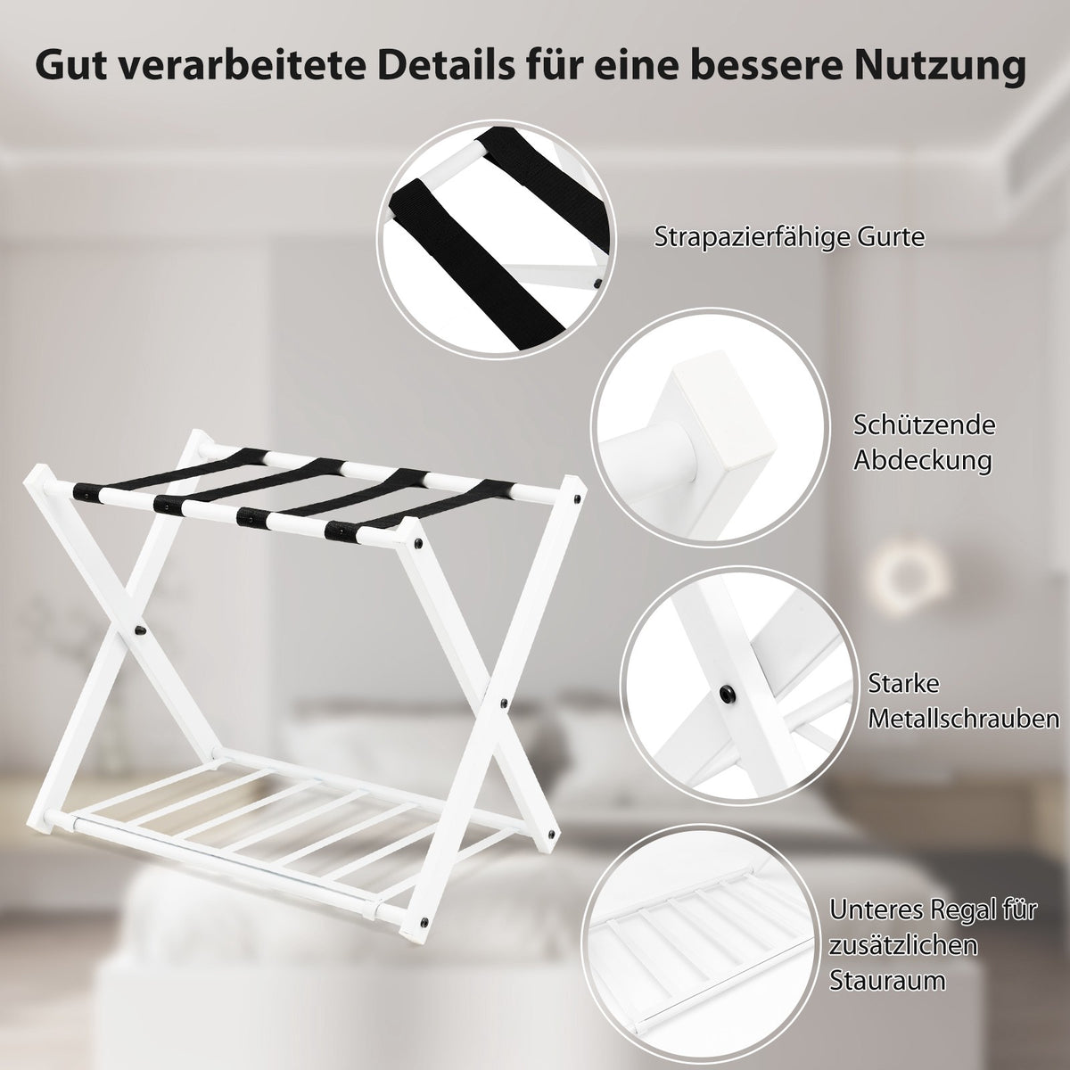 Foldable Luggage Rack, 2-Tier Metal, 60 kg, White