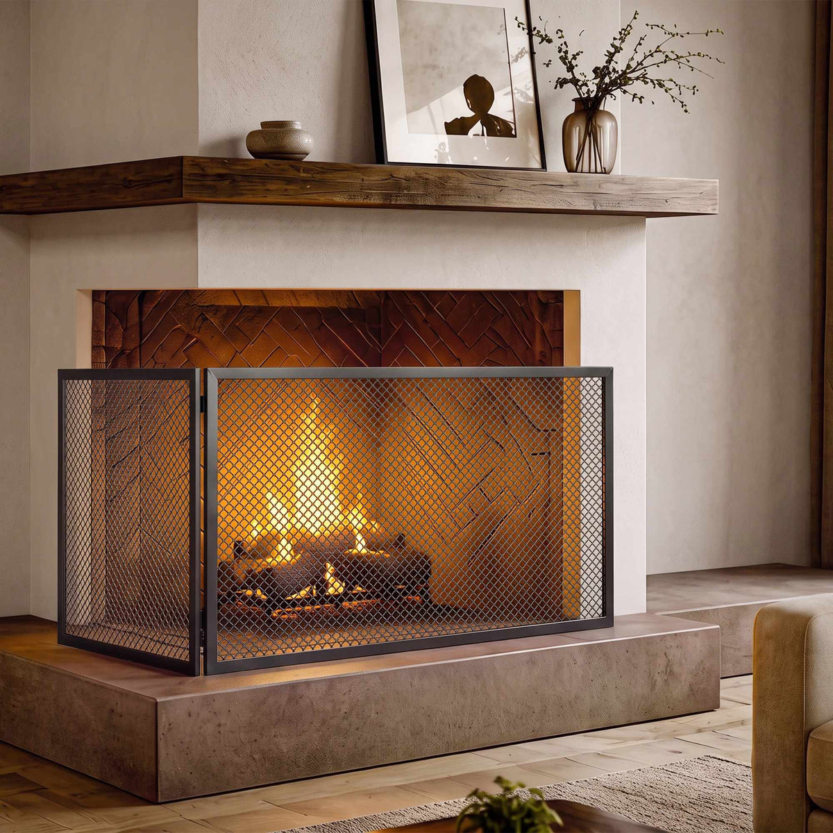 Foldable Metal Fireplace Screen, 141x50cm, Black