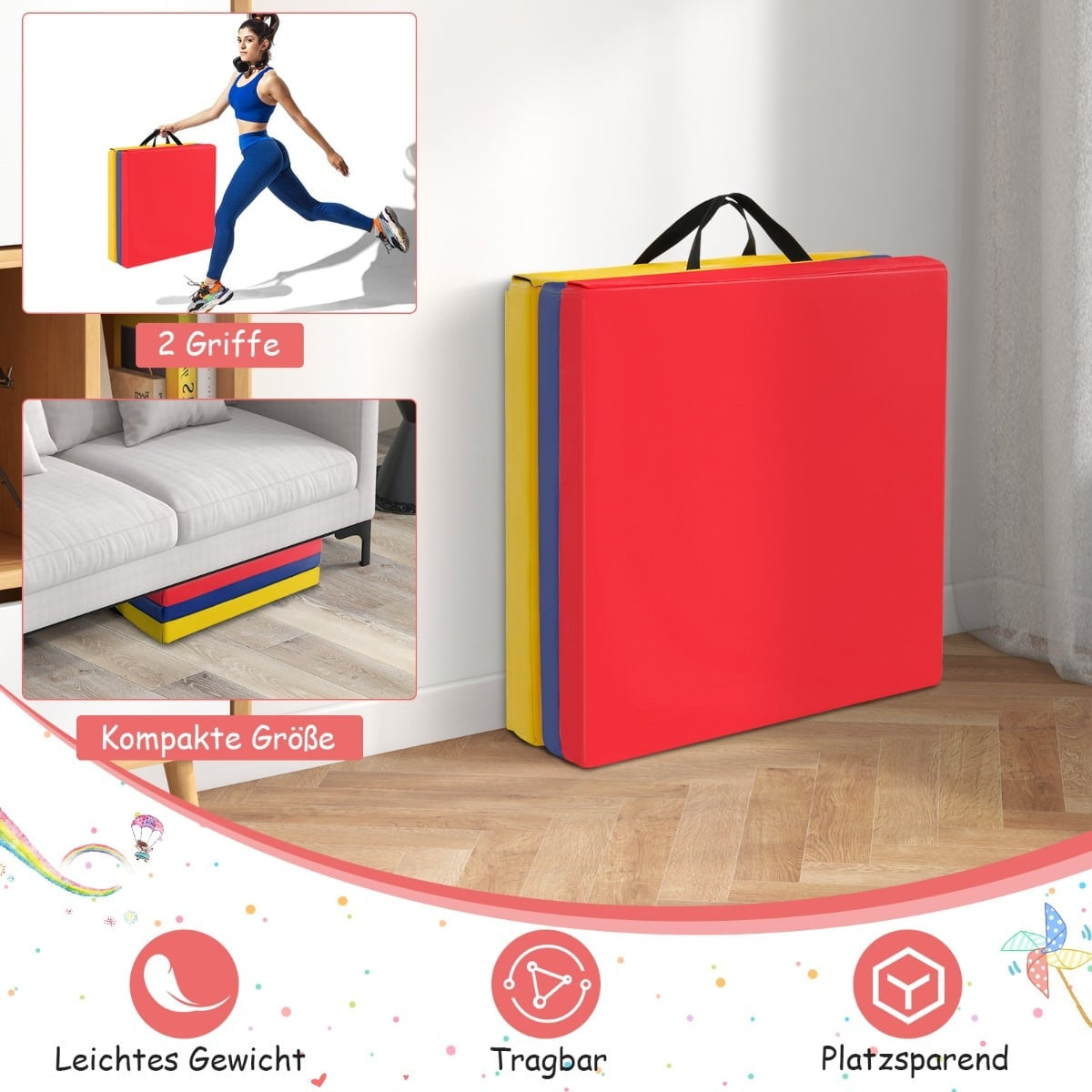 Foldable Non-Slip Gymnastics Mat with Handles, 180x60 cm