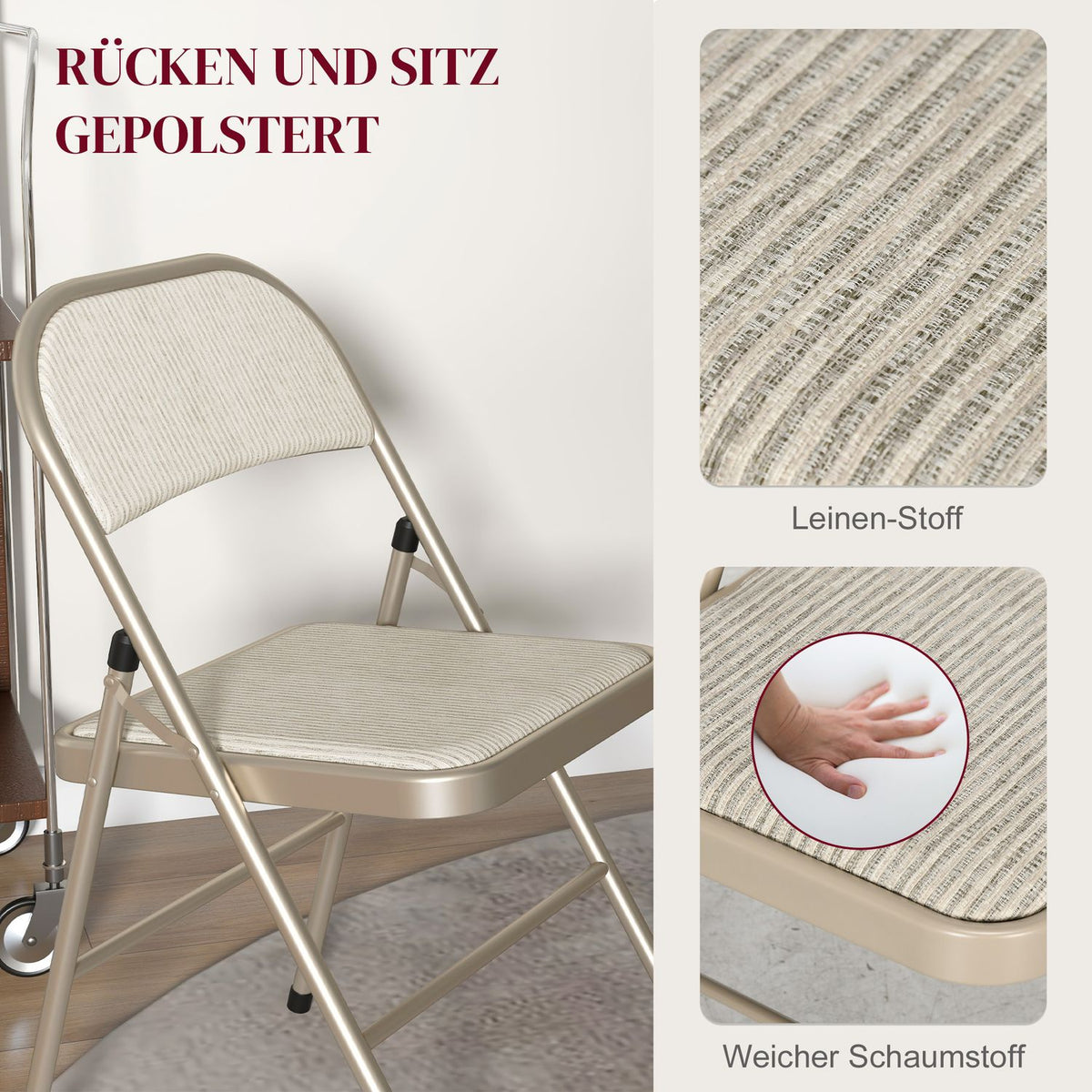 Foldable Padded Chairs, Set of 4 – Steel Frame, Beige