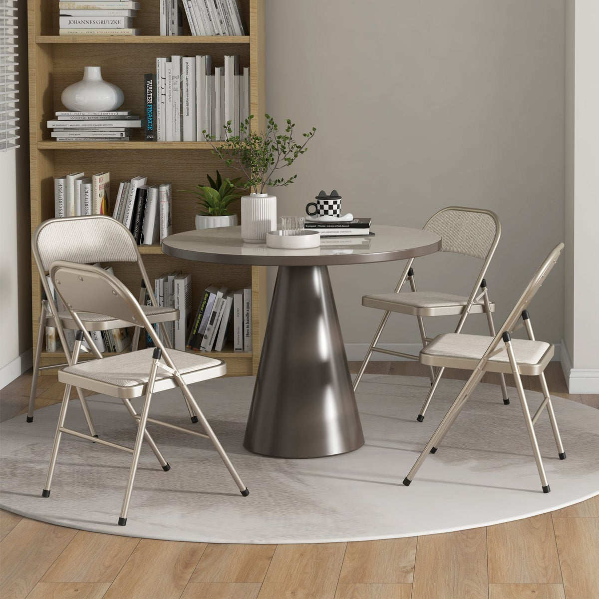 Foldable Padded Chairs, Set of 4 – Steel Frame, Beige