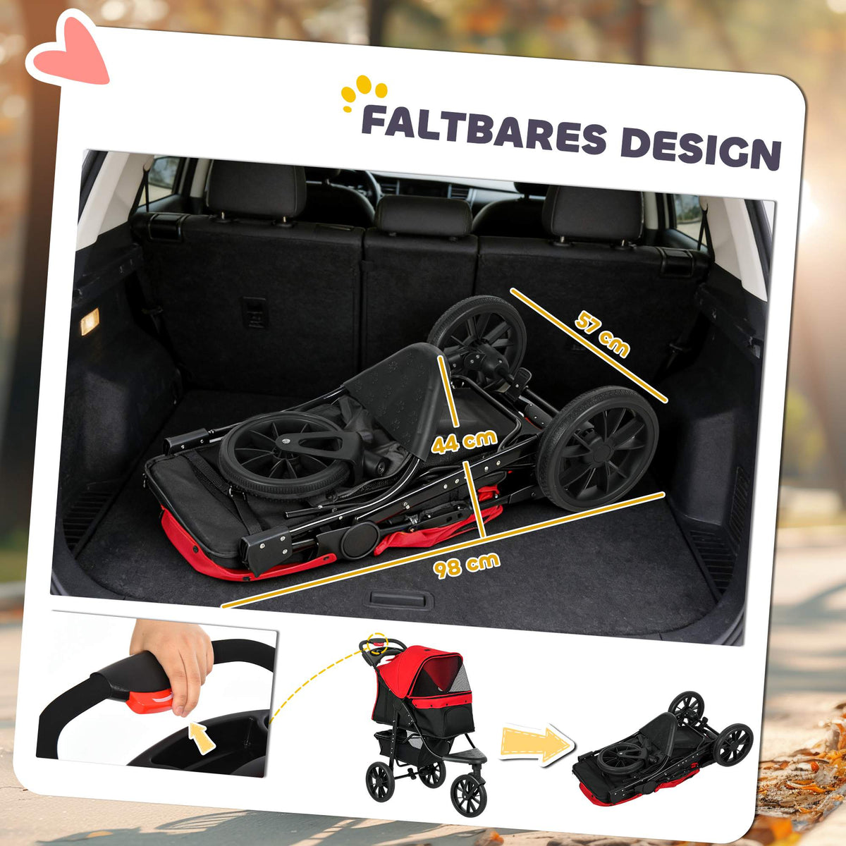 Foldable Pet Stroller, 3 Wheels, Mesh Windows, Red, 10kg Max