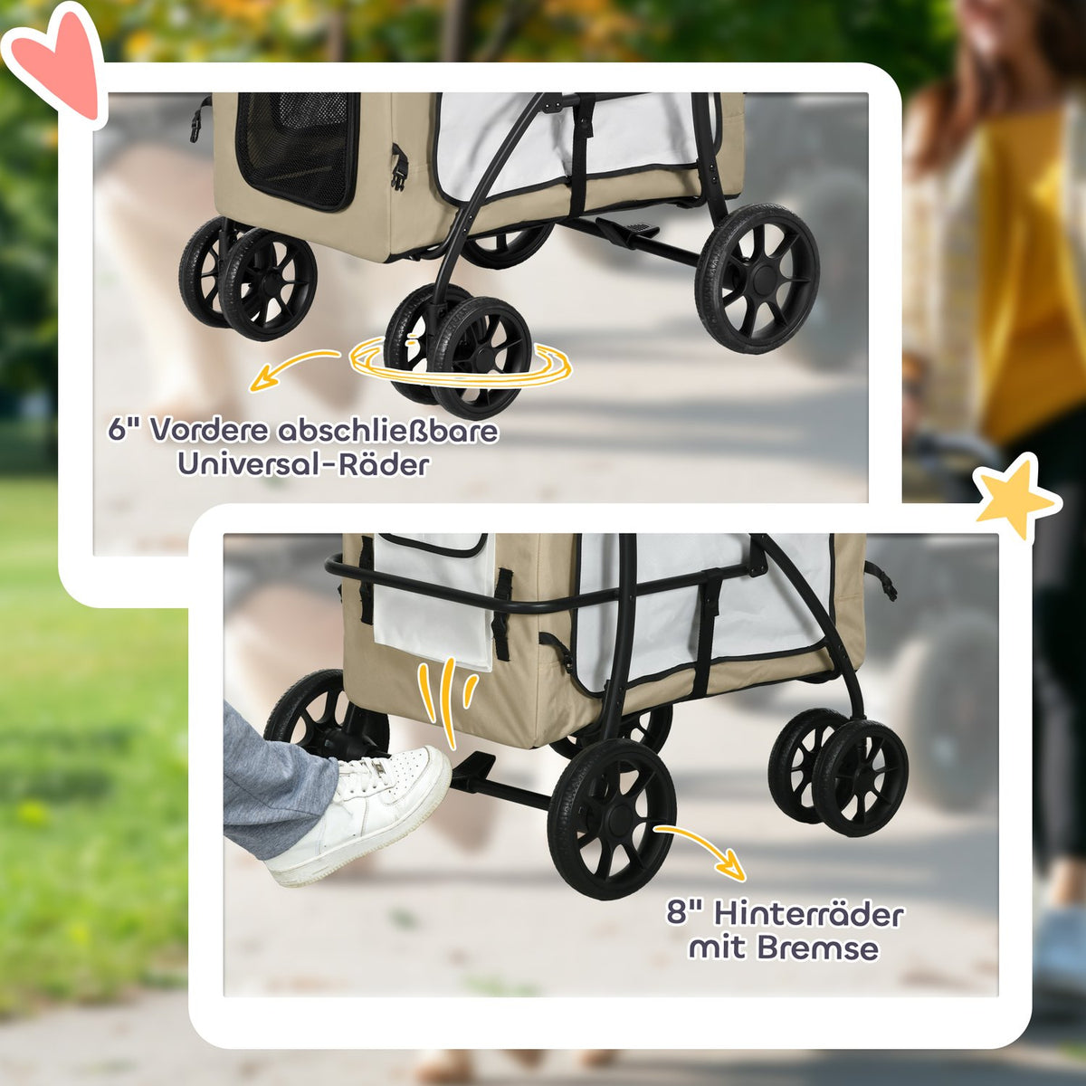 Foldable Pet Stroller for Dogs Cats, Detachable Carry Bag, Shoulder Straps, 4 Wheels with Brakes, 600D Oxford 81 x 58 x 97.5cm Khaki