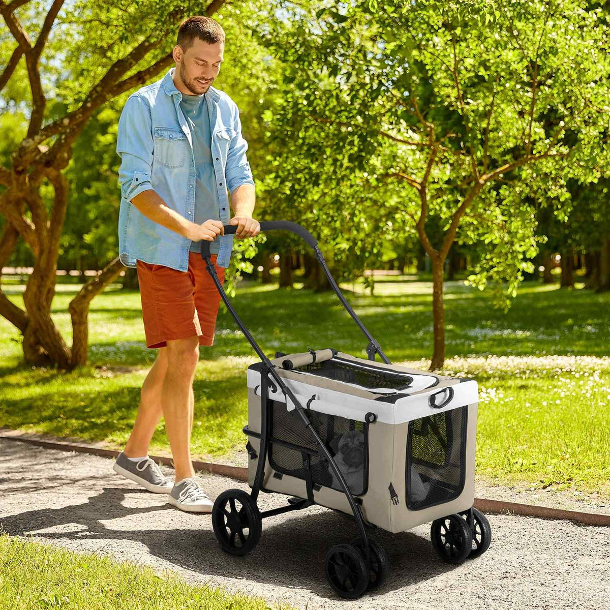Foldable Pet Stroller for Dogs Cats, Detachable Carry Bag, Shoulder Straps, 4 Wheels with Brakes, 600D Oxford 81 x 58 x 97.5cm Khaki
