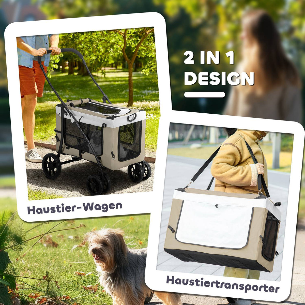 Foldable Pet Stroller for Dogs Cats, Detachable Carry Bag, Shoulder Straps, 4 Wheels with Brakes, 600D Oxford 81 x 58 x 97.5cm Khaki
