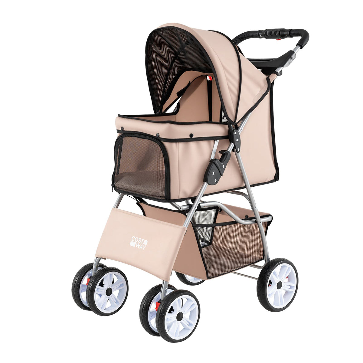 Foldable Pet Stroller with Mesh, All-Terrain Wheels, Beige