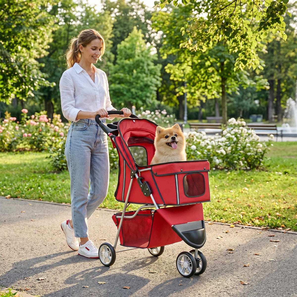 Foldable Pet Stroller with Storage, Red, for Small Dogs