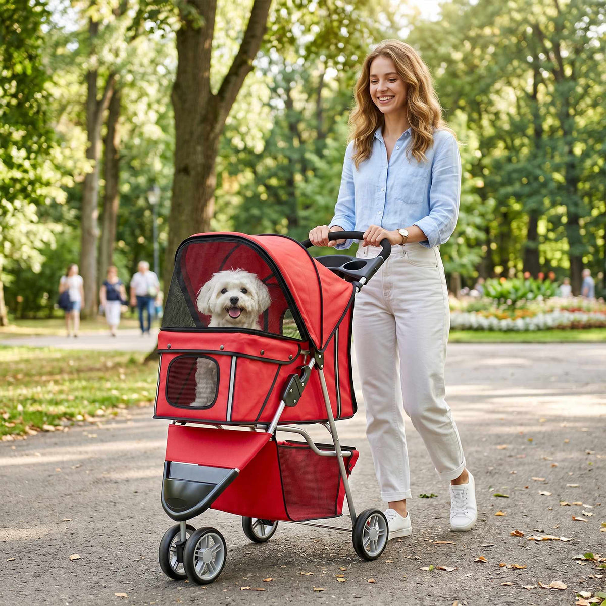Foldable Pet Stroller with Storage, Red, for Small Dogs