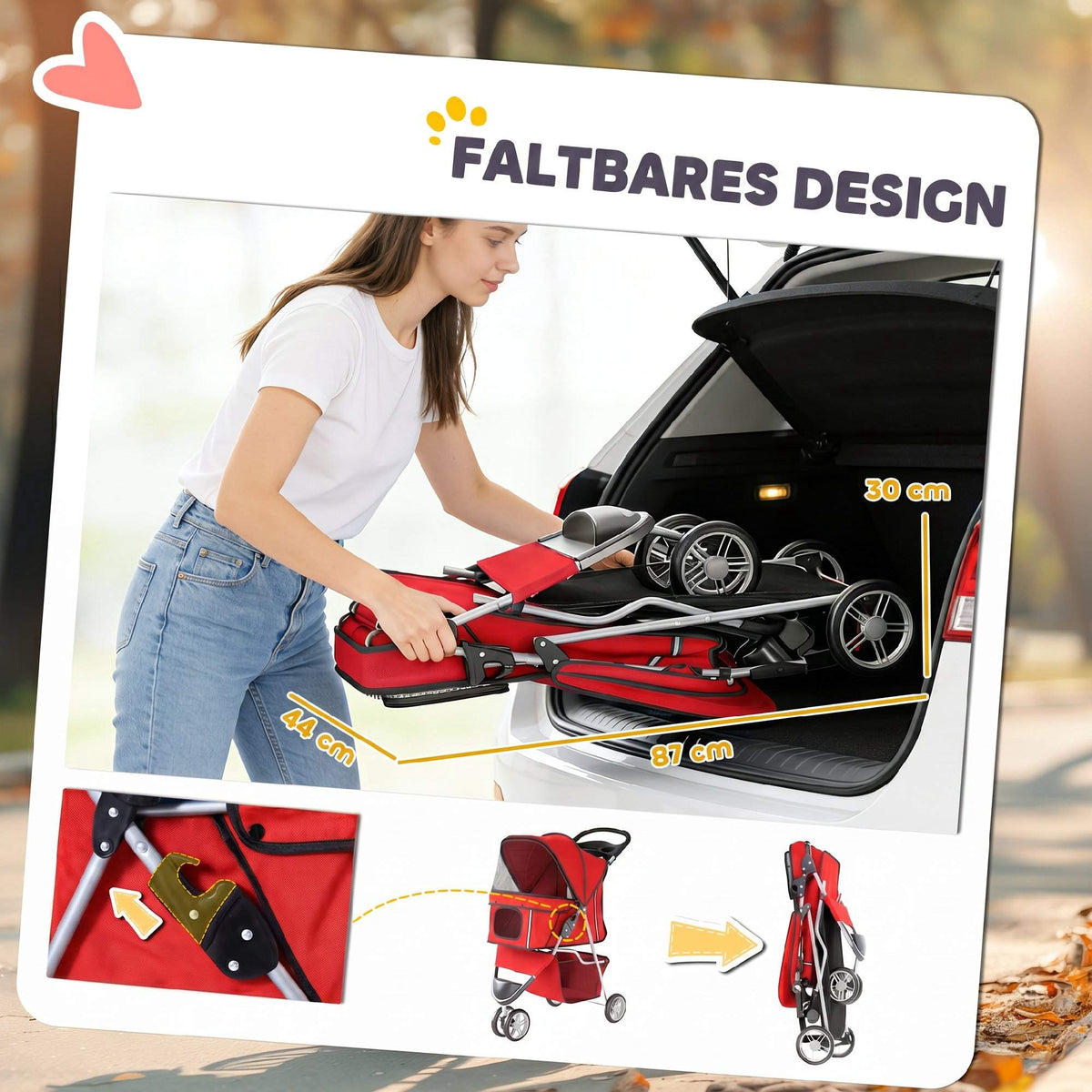 Foldable Pet Stroller with Storage, Red, for Small Dogs