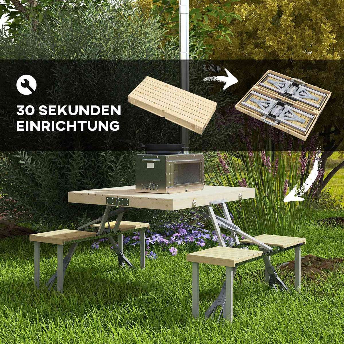 Foldable Picnic Table Garden Seating Group With Bench & Umbrella Hole, Portable Seating Group, Fir Tree, Natural