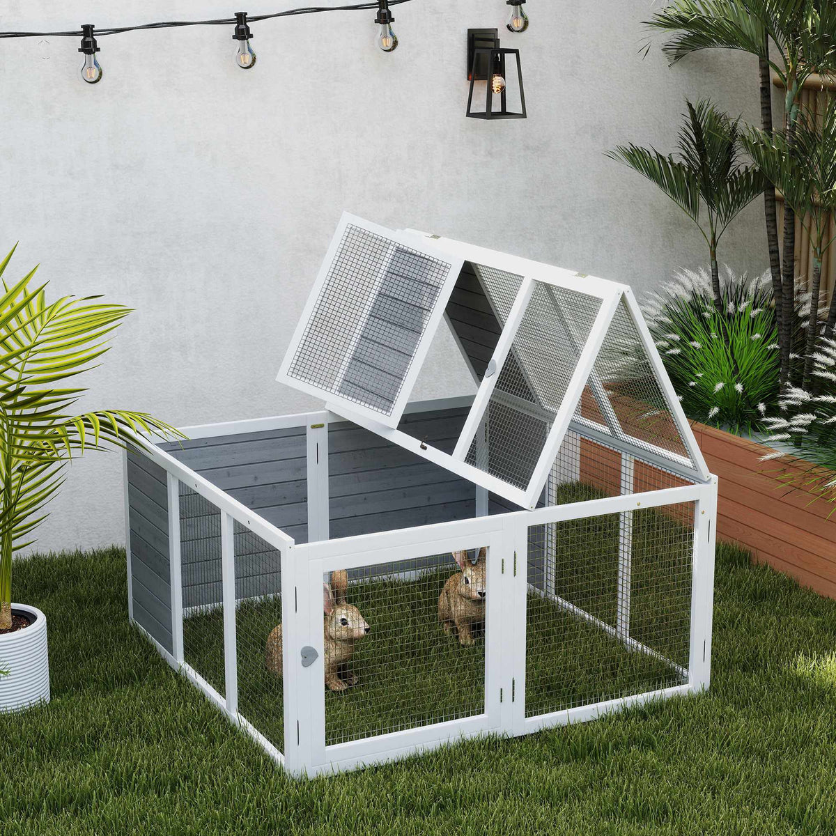 Foldable Rabbit Hutch, Indoor/Outdoor, Light Grey Wood