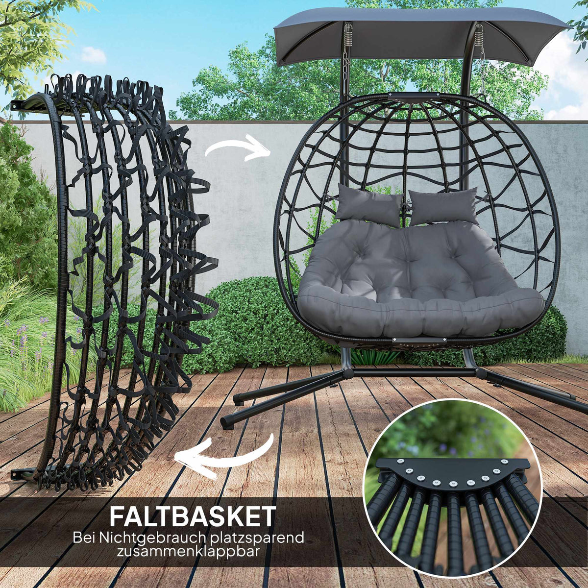 Foldable Rattan Hanging Chair with Canopy, Dark Grey, 260kg Capacity