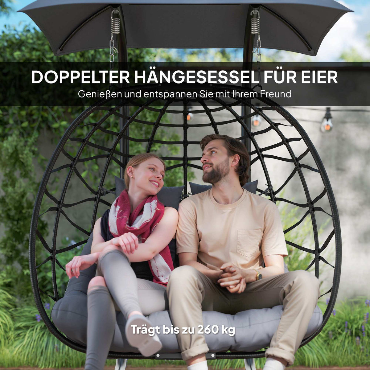 Foldable Rattan Hanging Chair with Canopy, Dark Grey, 260kg Capacity