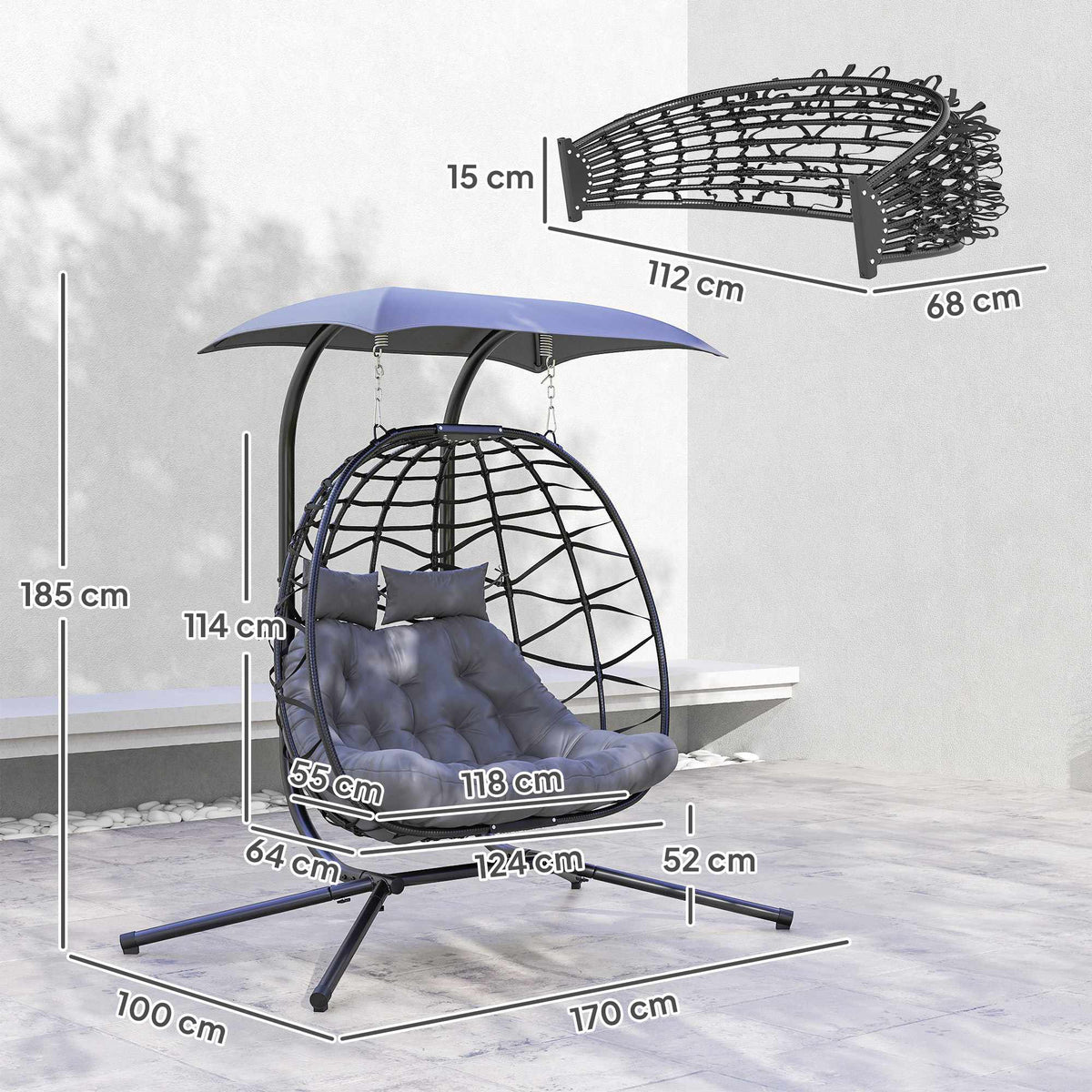 Foldable Rattan Hanging Chair with Canopy, Dark Grey, 260kg Capacity