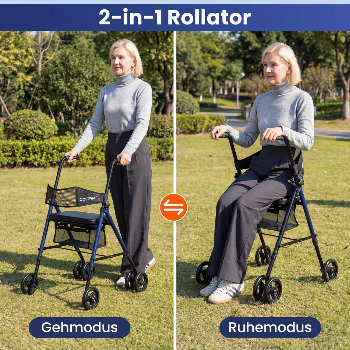Foldable Rollator with Seat, Adjustable Height, Blue
