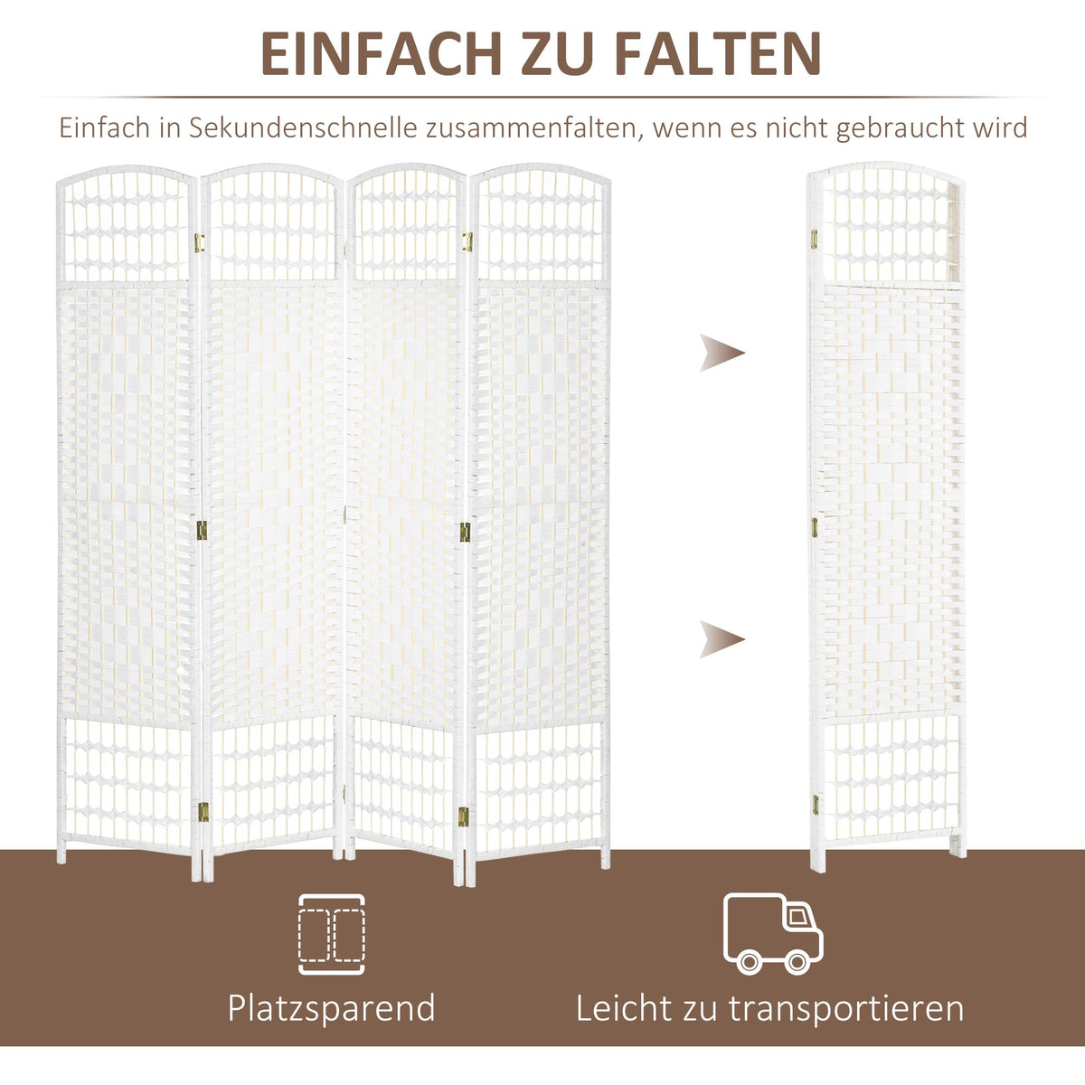 Foldable Room Divider, 4 Panels, White, Wood Frame