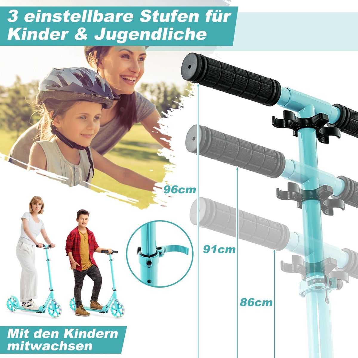 Foldable Scooter with 110kg Capacity, Adjustable LED Wheels