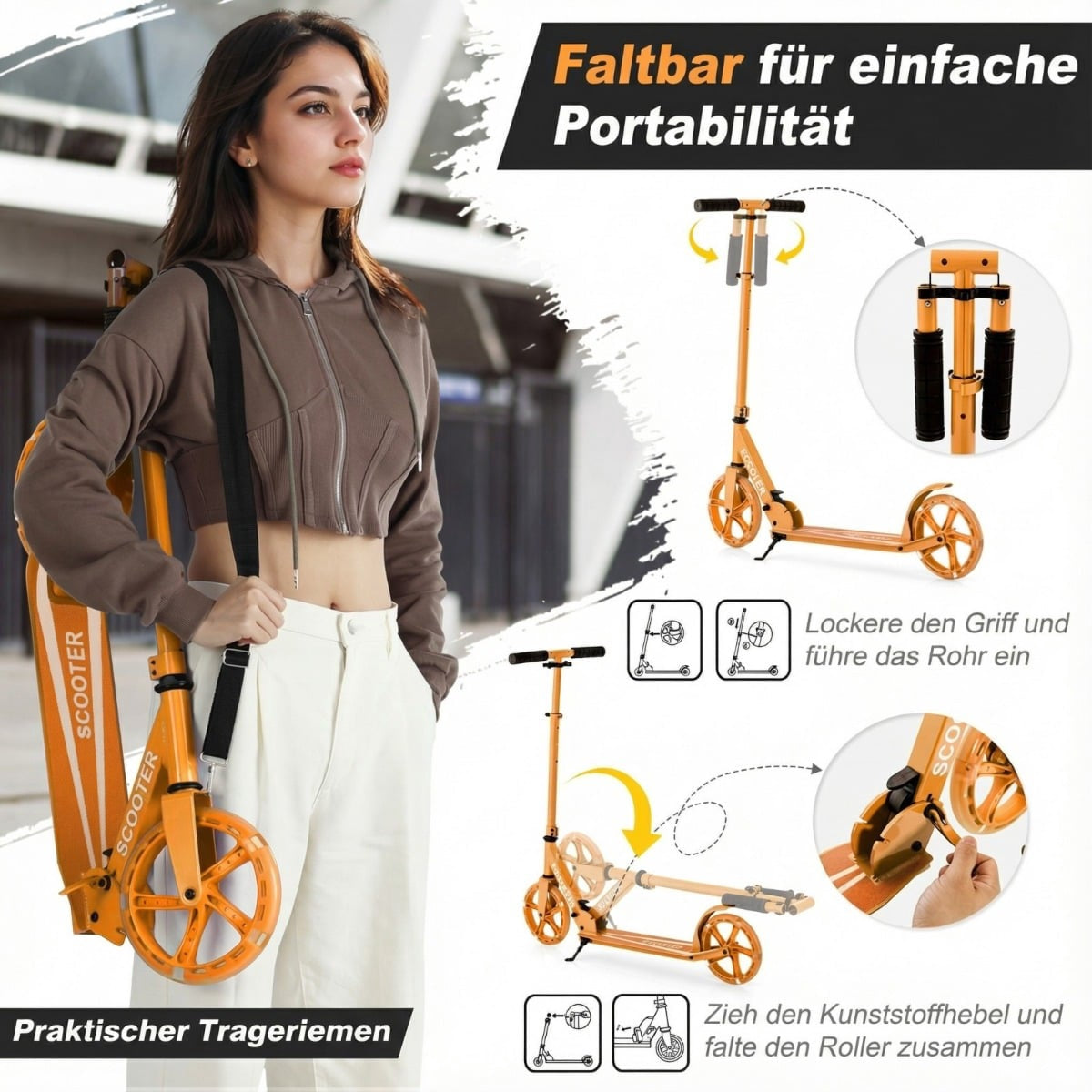 Foldable Scooter with LED Wheels, Adjustable Height, 110kg Capacity