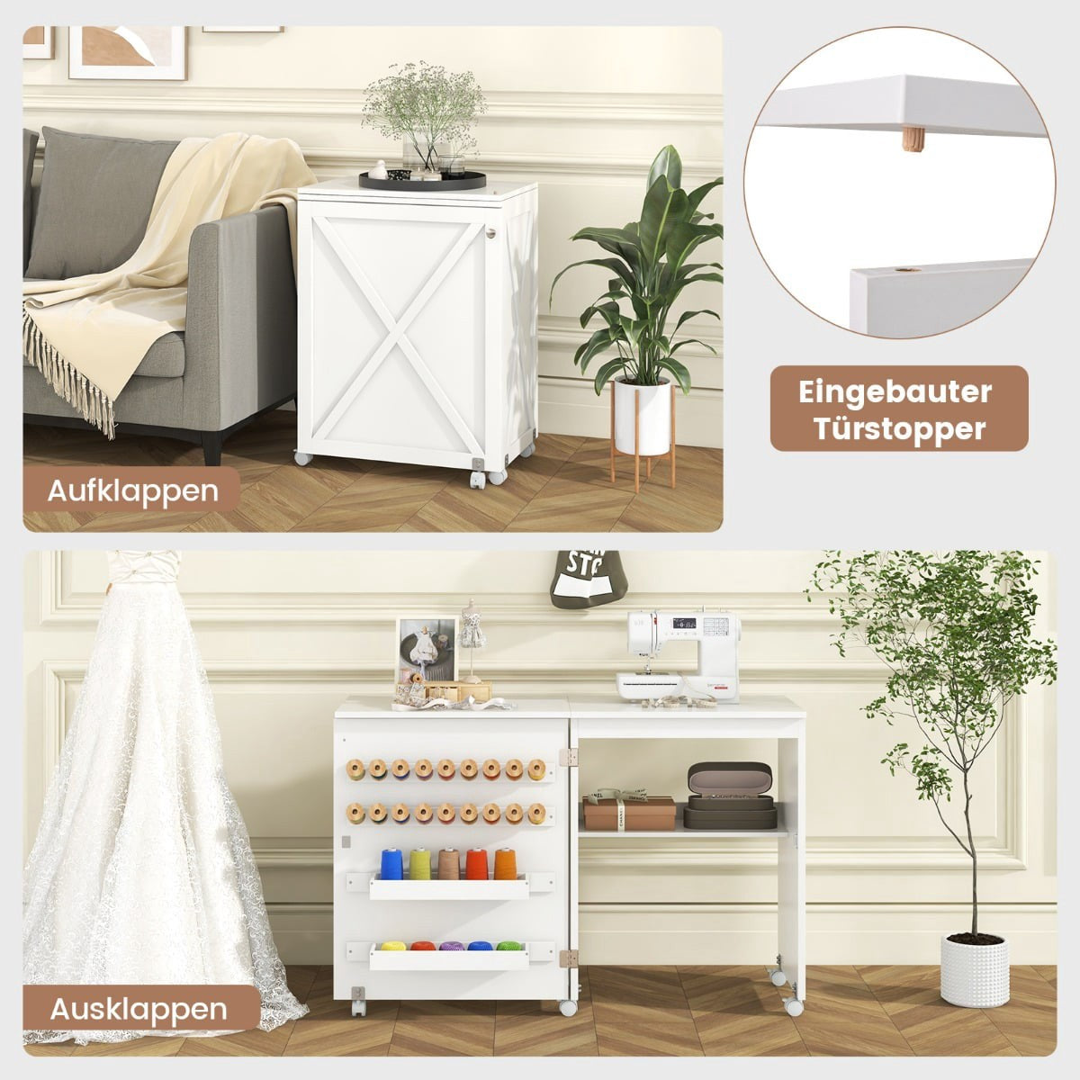 Foldable Sewing & Craft Table with Storage, White