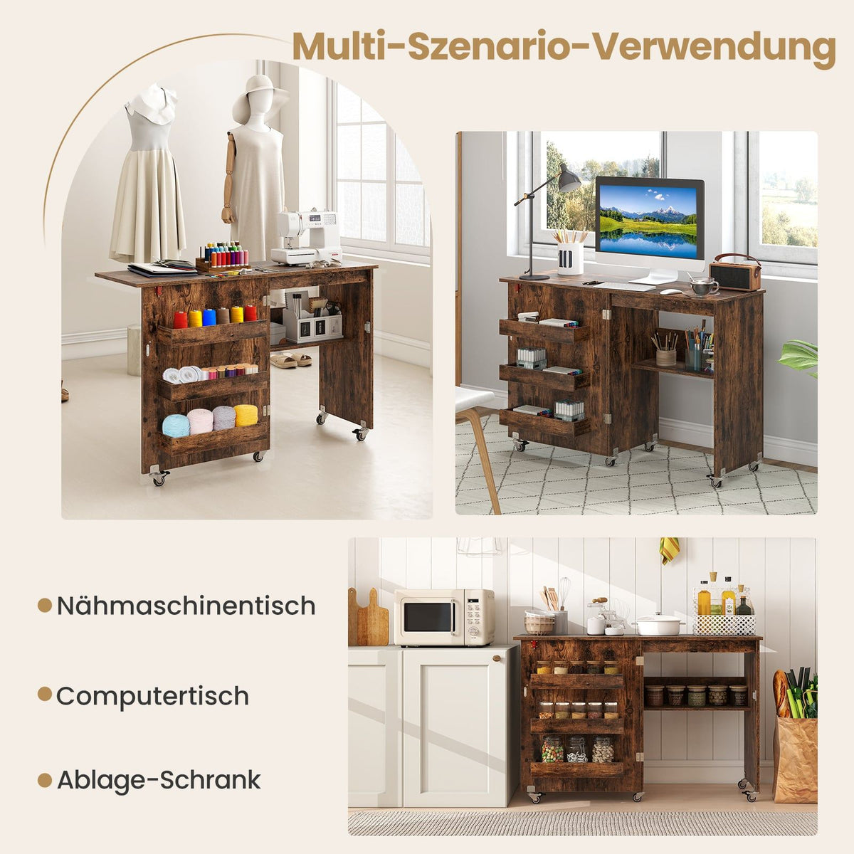 Foldable Sewing Table with Storage, Lockable Wheels, Brown