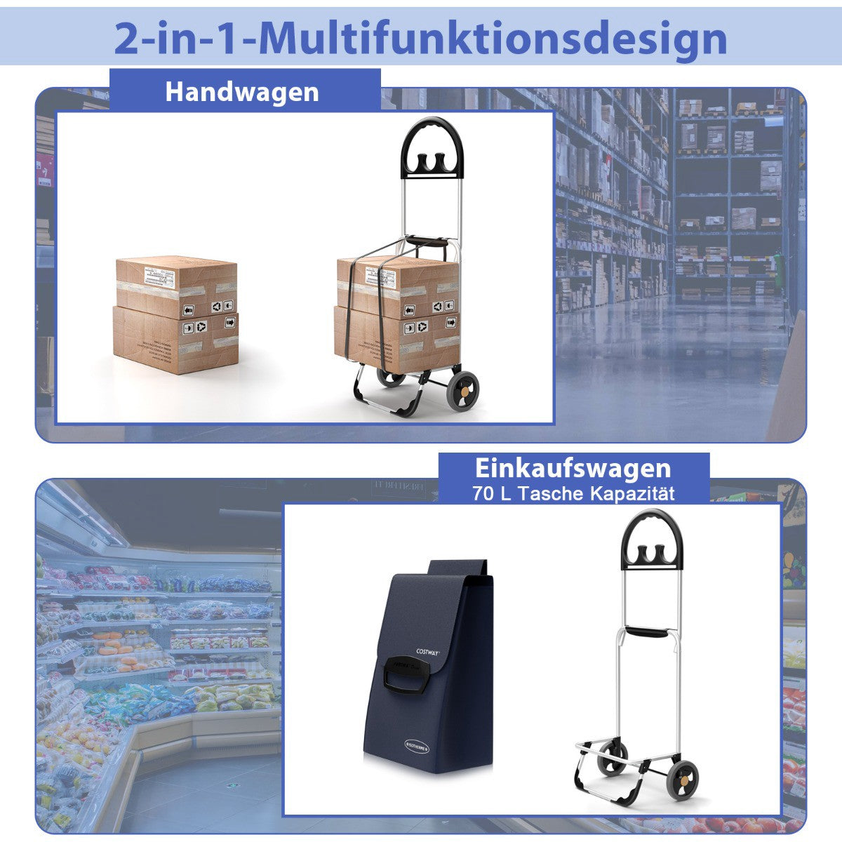 Foldable Shopping Cart, 70L Detachable Bag, Aluminum