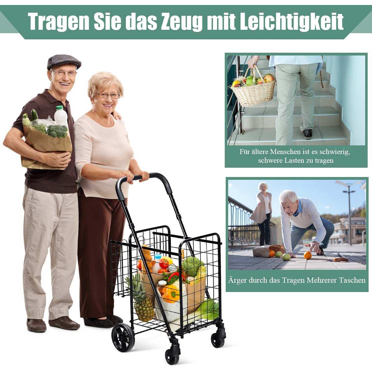 Foldable Shopping Cart with Dual Basket and Adjustable Handle
